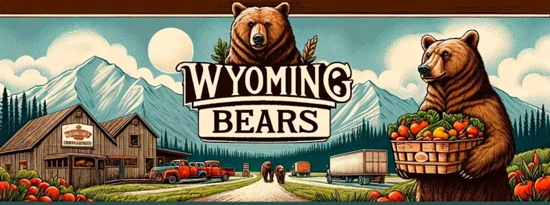 Wyoming Bears illustration with bears, mountains, fresh produce, and delivery trucks